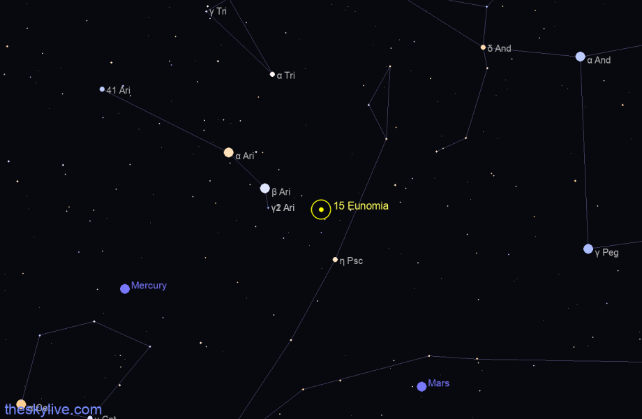 Finder chart of 15 Eunomia in Pisces on May,01 2024