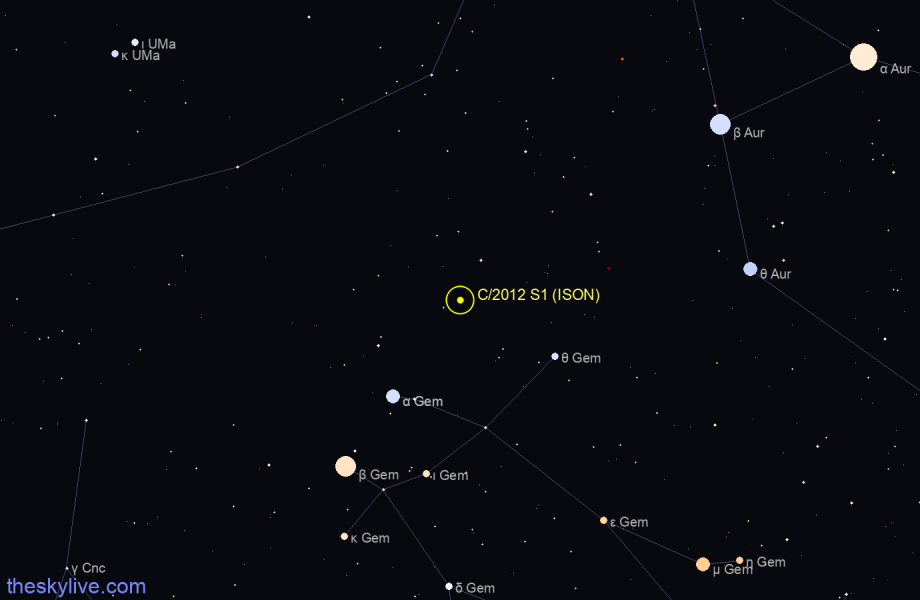 Finder chart of C/2012 S1 (ISON) in Auriga on April,26 2024