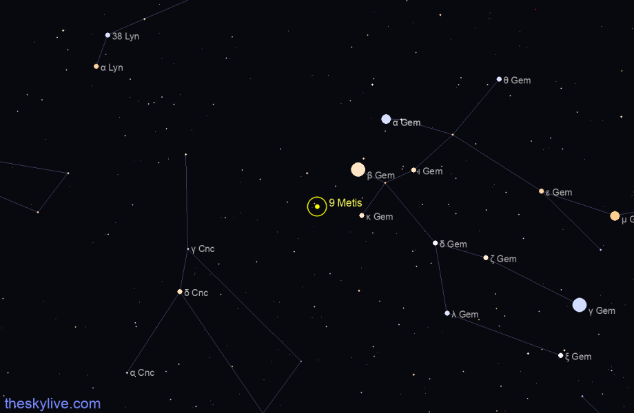 Finder chart of 9 Metis in Gemini on April,29 2024