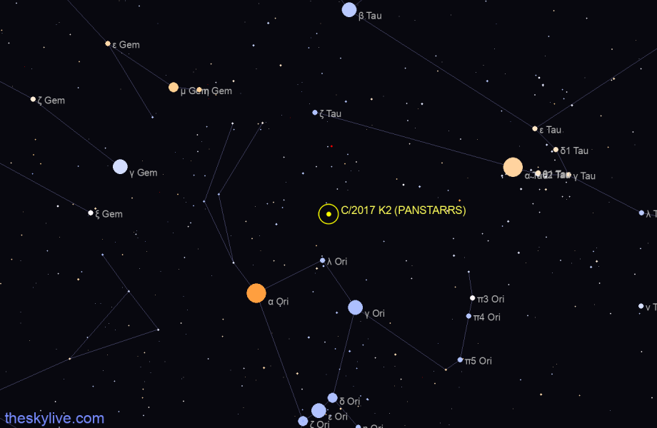 Finder chart of C/2017 K2 (PANSTARRS) in Orion on April,28 2024