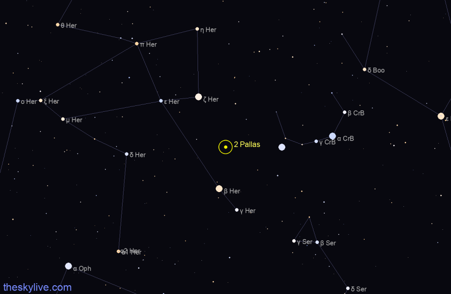 Finder chart of 2 Pallas in Hercules on April,28 2024