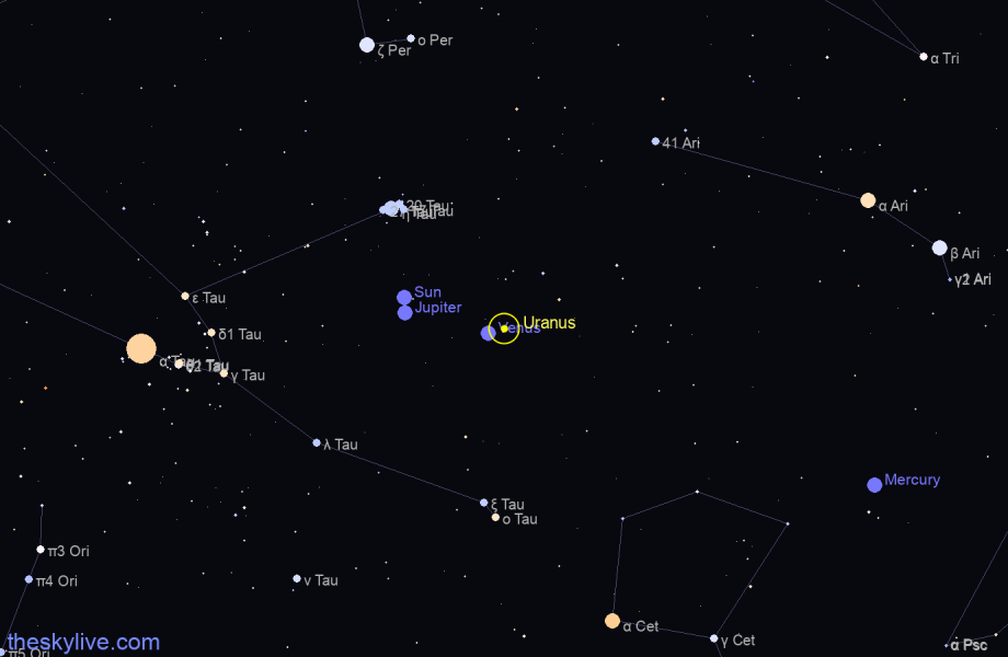 Finder chart of Uranus in Aries on April,28 2024