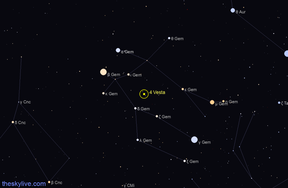 Finder chart of 4 Vesta in Gemini on April,28 2024